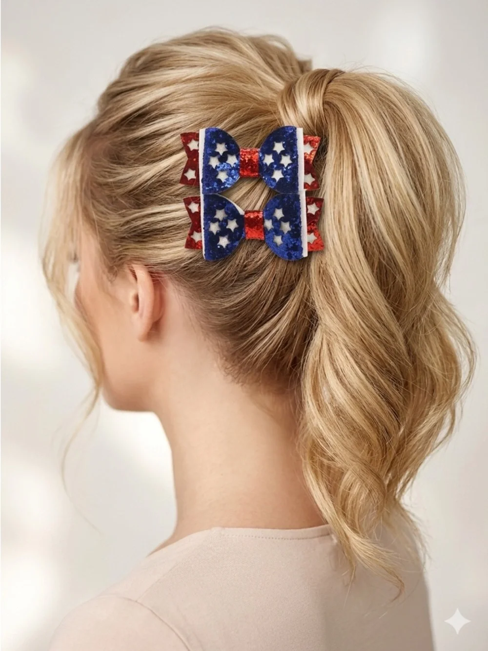 Patriotic Hair Bow & Star Earrings Set | Red White Blue Glitter